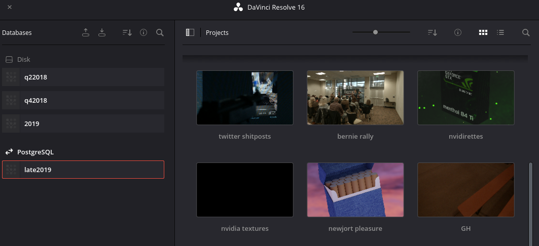 Davinci Resolve Database/project menu