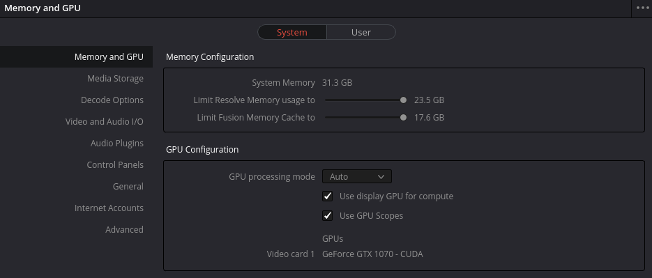 Resolve's Preferences menu separates system and user settings